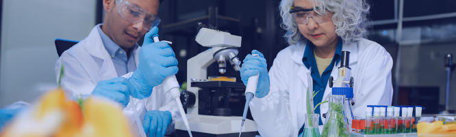 dois cientistas vendo substancias de alimentos e bebidas